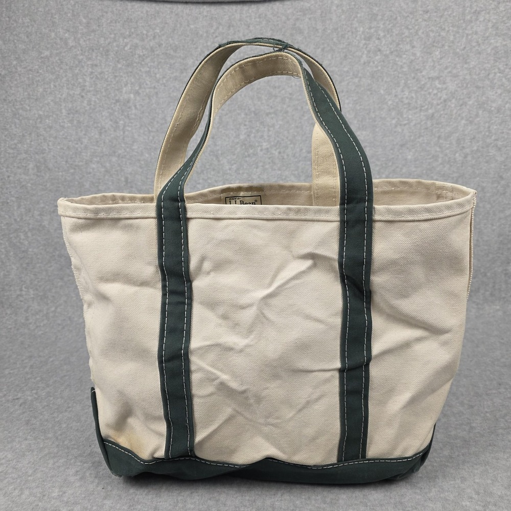 Vintage L.L. Bean Boat And Tote Bag Medium Beige Green Canvas Made In USA 80s - Picture 1 of 8